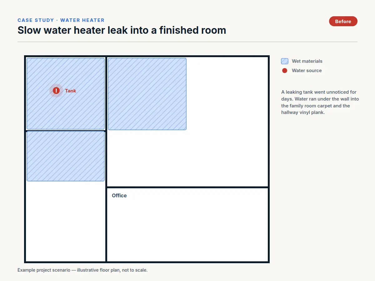 Floor plan diagram showing water from a leaking water heater spreading into a family room and hallway