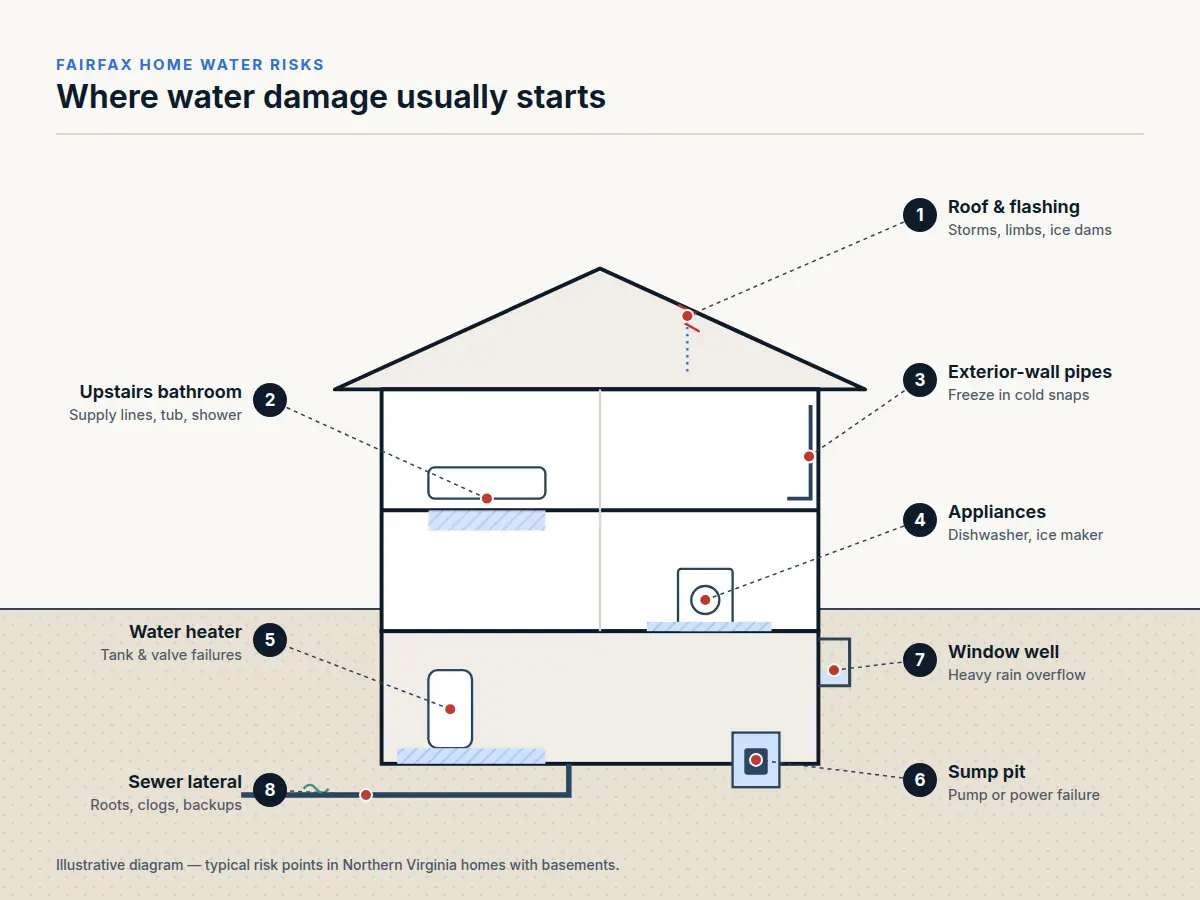 Cutaway diagram of a two-story Northern Virginia home showing common water damage risk points