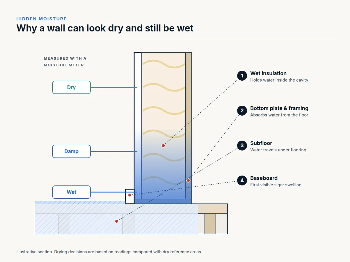 Wall cross-section diagram showing moisture wicking up drywall, wet insulation, bottom plate and subfloor